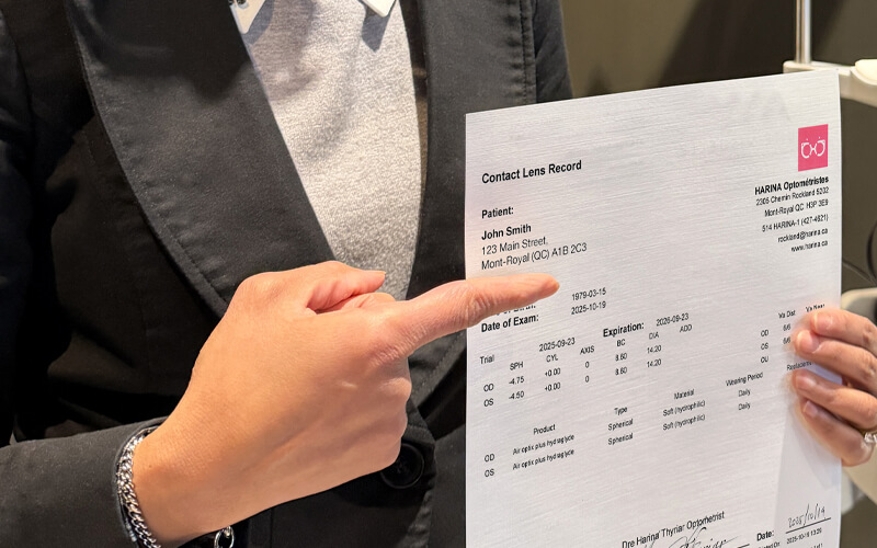 Contact lens prescription issued after a full fitting at HARINA Optométristes in Mont-Royal