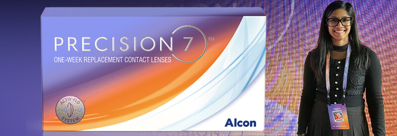 Alcon PRECISION7 One-week replacement contact lenses box and a weekly calendar