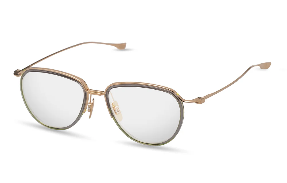 The minimalist DITA SCHEMA-THREE optical glasses, crafted from lightweight beta-titanium, available at HARINA Optométristes.