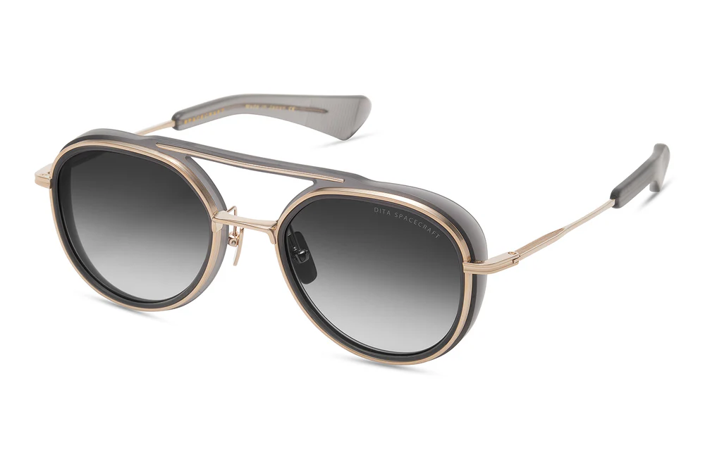 The DITA SPACECRAFT sunglasses in White Gold and Matte Crystal Grey, available at HARINA Optométristes in Montréal.